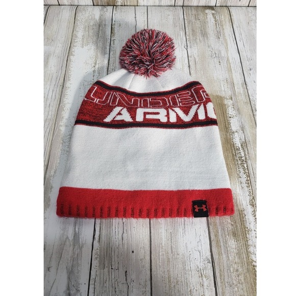 Under Armour Beanie Pom Knit Hat White Red Winter Knitwear - Picture 1 of 4